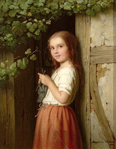 Jeune fille debout dans une porte tricotant, 1863 - Johann Georg Meyer von Bremen